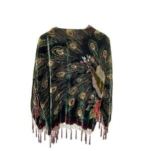 Mina Collection Beaded Velvet Floral Peacock Open Jacket w/ Tassels Gorgeous!